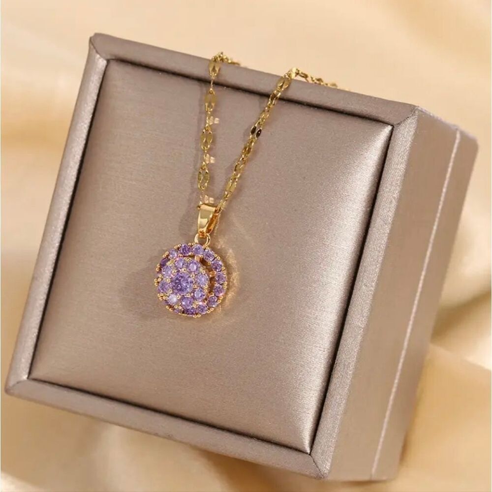 18K Gold Plated Purple Fidget Spinner Wheel Gemstone Necklace With Diamonds